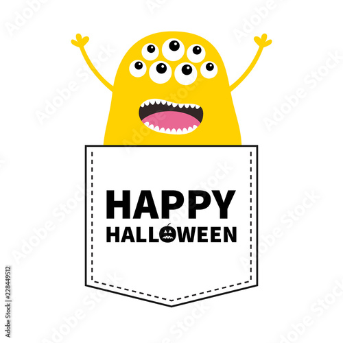 Happy Halloween. Yellow screaming monster silhouette in the pocket. Hands up. Cute cartoon scary funny character. Baby collection. T-shirt design. Eyes, fang tooth. White background. Flat design.
