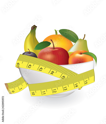 Fruits bowl with measuring tape. vector illustration