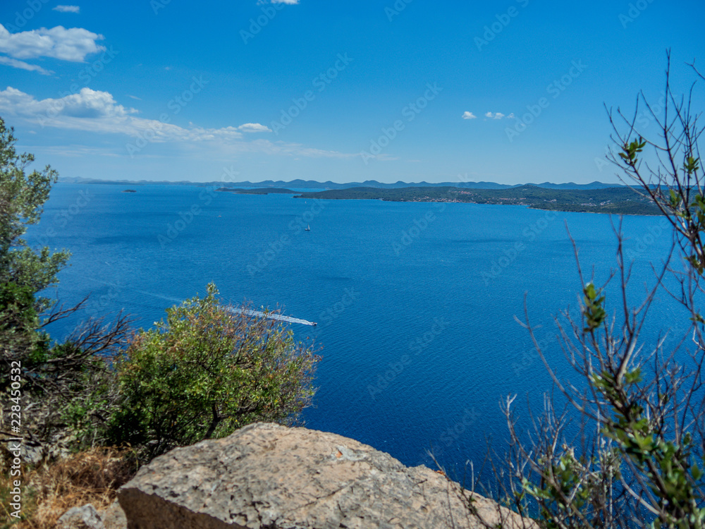 Seascape with islands in background taken from top of Croatian island.
