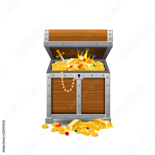 Wooden old pirate chests, full of treasures, gold coins, treasures, vector, cartoon style, illustration, isolated. For games, advertising applications