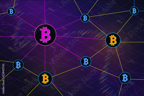 Blockchain cryptocurrencies global network technology concept banner. Business graph with tending. Candle stick of stock market or forex trading in perspective graphic design for financial investment