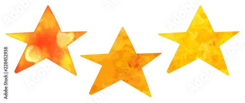 A vector set of watercolour drawings of golden stars, isolated on a white background