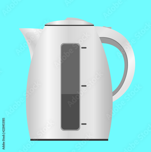 Original electric kettle. Domestic kitchen appliances and supplies. Vector illustration isolated on blue background.