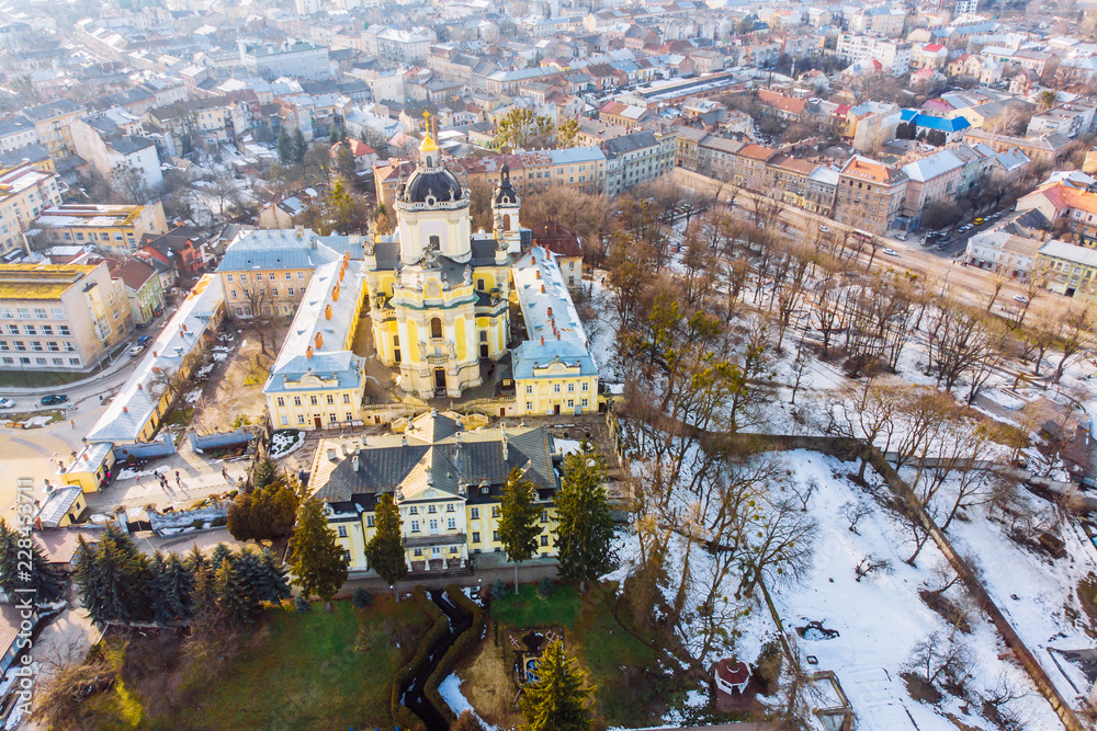 Fototapeta premium winter view of old church. birds eye view