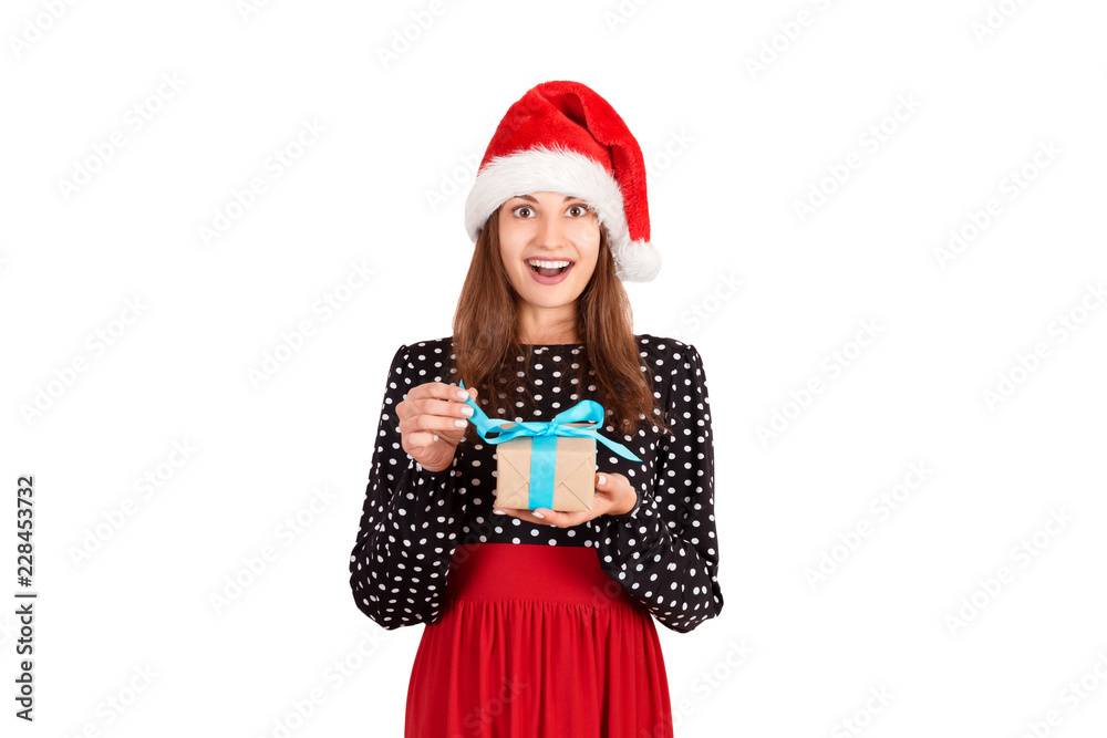 smiling and happy woman offering wrapped gift box. isolated on white background. holidays concept smiling and happy woman offering wrapped gift box. isolated on white background. holidays concept