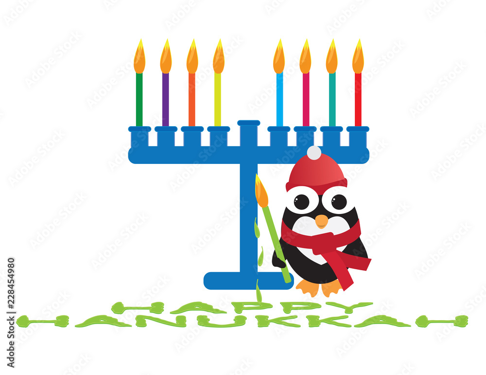 Happy Hanukkah card. Cute penguin with red hat and scarf standing near a blue menora with colorful candles, holding green candle and creating HAPPY HANUKKAH greeting from wax drippings
