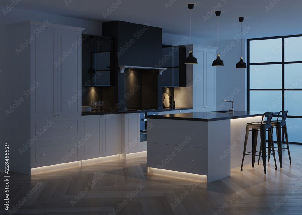 Modern kitchen interior. Modern classic. Evening lighting.  3D rendering.