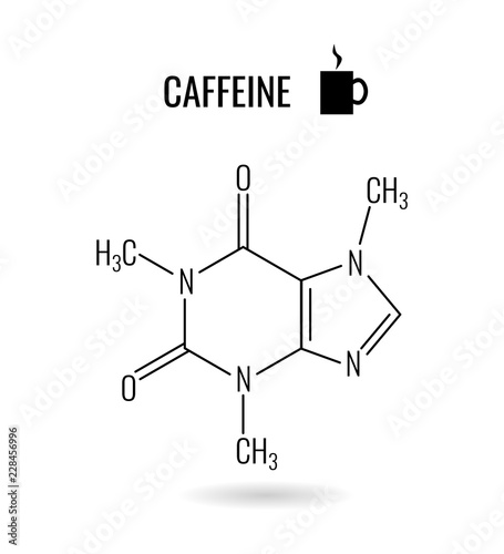 Caffeine molecule illustration. Black classic appearance of organic chemical compound on white background.