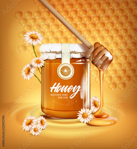 Wildflower honey ad with wooden dipper , realistic glass jar, and daisy flowers with delicious honey. For branding.