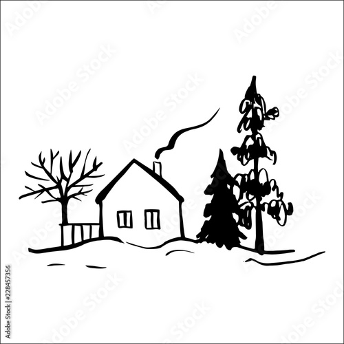 Winter landscape with a house. Vector sketch  illustration.