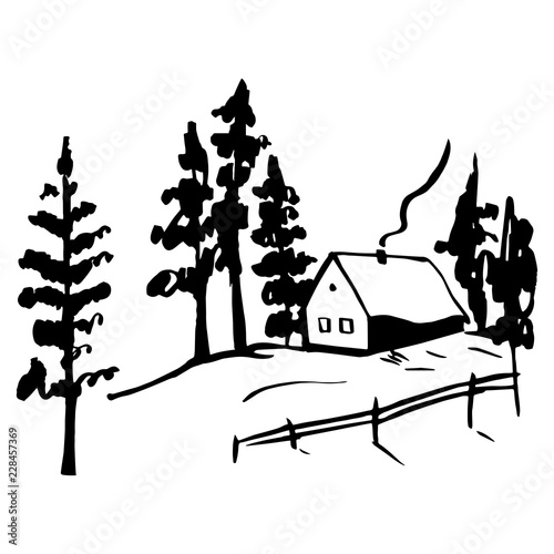 Winter landscape with a house. Vector sketch  illustration.