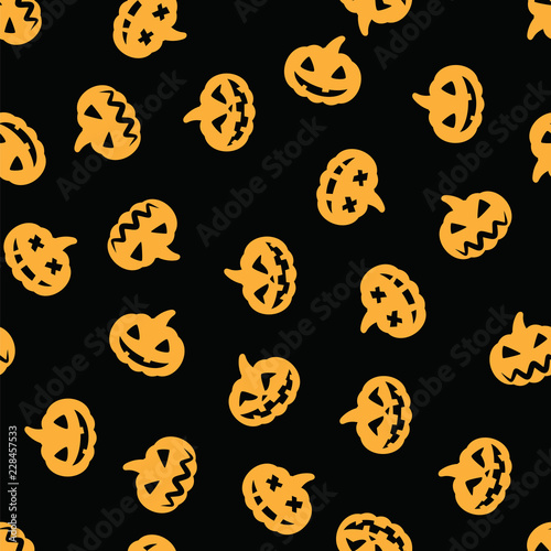 Orange halloween pumpkin pattern on black background. Orange pumpkin face for happy halloween party, seamless pattern.