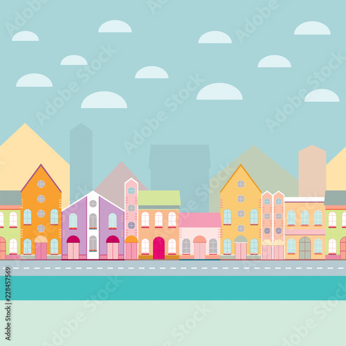 House buildings, home seamless background pattern. Colorful wrapping paper, postcard, banner design template. Vector illustration.