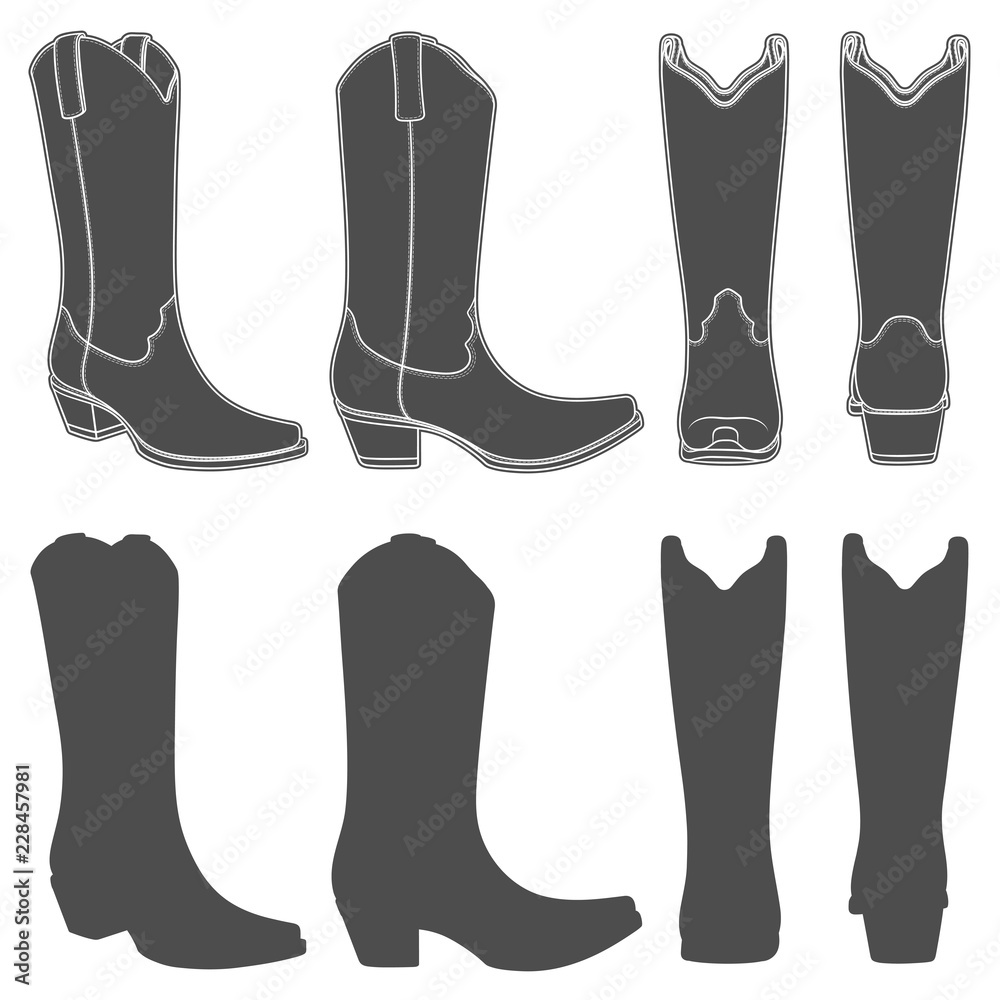 Set of black and white illustrations with cowboy boots. Isolated vector objects on white background. Set of black and white illustrations with cowboy boots. Isolated vector objects on white background.