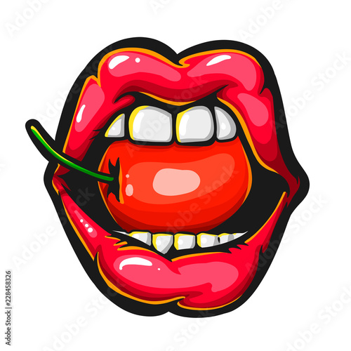 Female sexy red lips with a juicy cherry Illustration