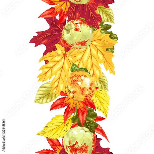 Vertical seamless vector line with autumn leaves and apples