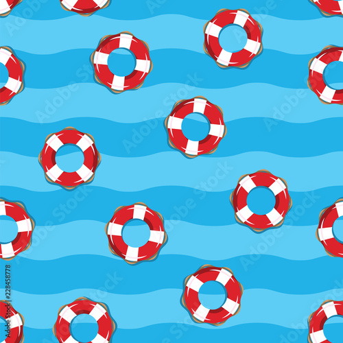 Life buoy pattern on blue sea background. Pattern lifebuoy with red and white with stripes for sos emergency, for safety in water. Floating device for shipwreck survivals.