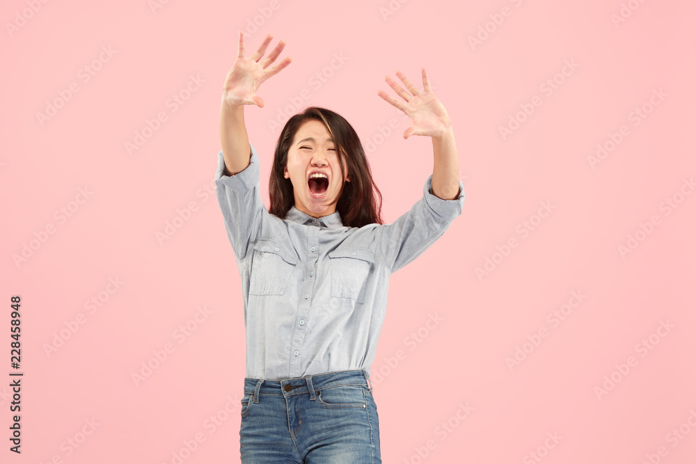 I'm afraid. Fright. Portrait of the scared woman. Business woman standing isolated on trendy pink studio background. Female half-length portrait. Human emotions, facial expression concept. Front view I'm afraid. Fright. Portrait of the scared woman. Business woman standing isolated on trendy pink studio background. Female half-length portrait. Human emotions, facial expression concept. Front view
