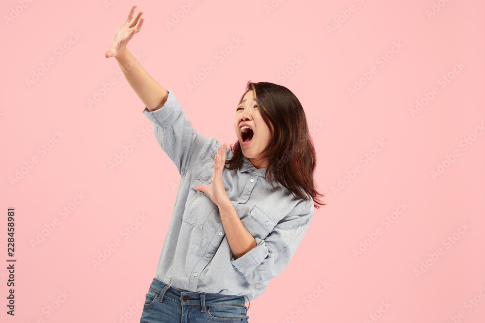 I'm afraid. Fright. Portrait of the scared woman. Business woman standing isolated on trendy pink studio background. Female half-length portrait. Human emotions, facial expression concept. Front view I'm afraid. Fright. Portrait of the scared woman. Business woman standing isolated on trendy pink studio background. Female half-length portrait. Human emotions, facial expression concept. Front view