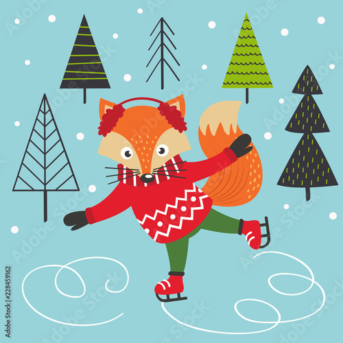 fox on ice skates  - vector illustration, eps