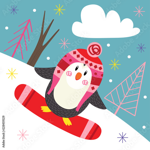 winter poster with penguin on snowboard - vector illustration, eps