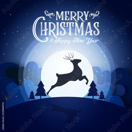 Merry Christmas snowy night and happy new year festival end year party silhouette deer and blue text calligraphy decoration greeting card abstract wallpaper background. Xmas day graphic design vector