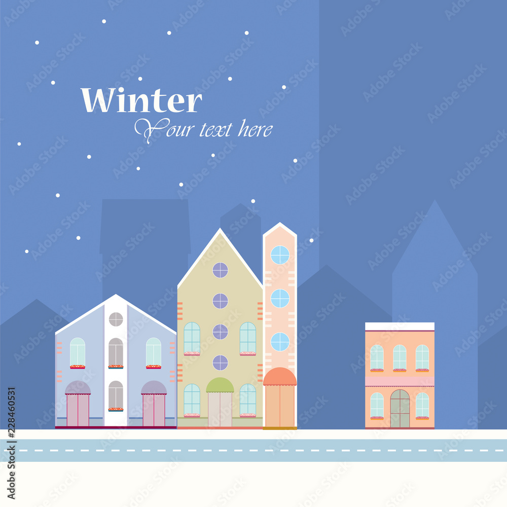 Winter background.House buildings, home, street view in small city, town with road in winter time, snowing.Colorful postcard, banner design template. Vector illustration.