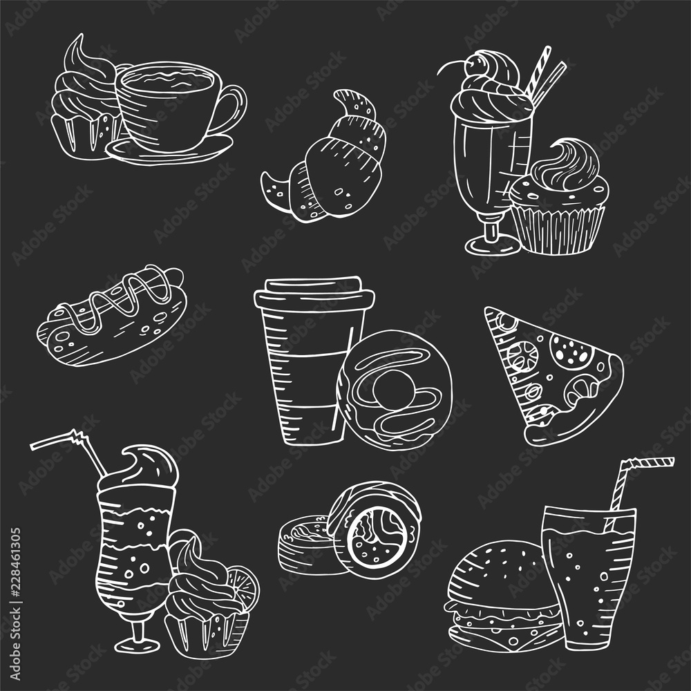 Seamless vector pattern with hand drawn on a chalkboard background.