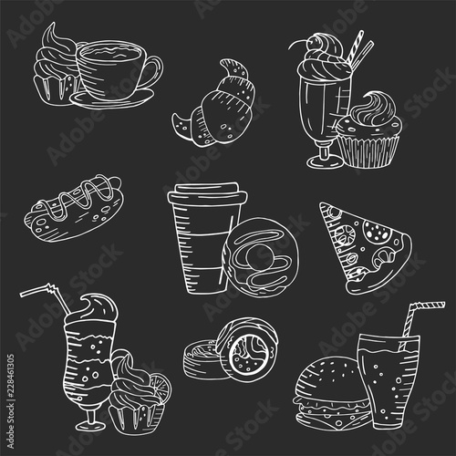 Seamless vector pattern with hand drawn on a chalkboard background.