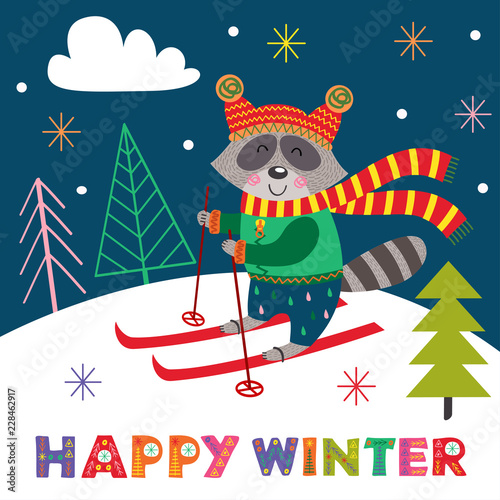 winter poster with skiing raccoon - vector illustration, eps