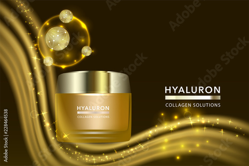 Beauty product, gold cosmetic container with advertising background ready to use, luxury skin care ad, illustration vector.	