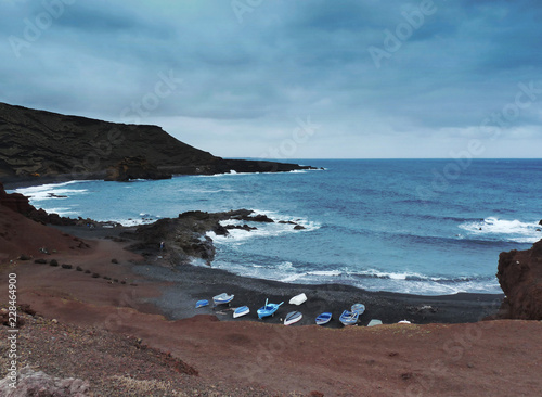 Black sand beach on the coast of Lanzarote, Canary Islands, Spain