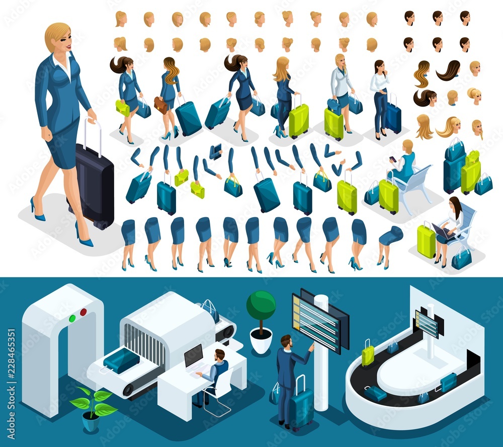 Fototapeta premium Isometric set 6 create your character, business lady at the airport. Set of gestures of hands, feet, emotions of the character, a set of different hairstyles