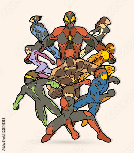 Group of Superhero action graphic vector.