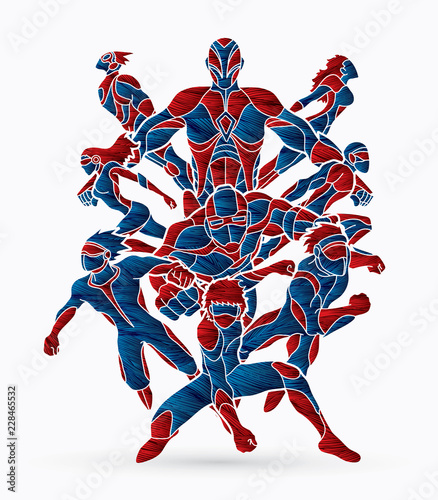 Group of Superhero action graphic vector.