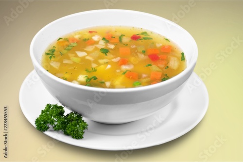 Vegetable soup on a desk