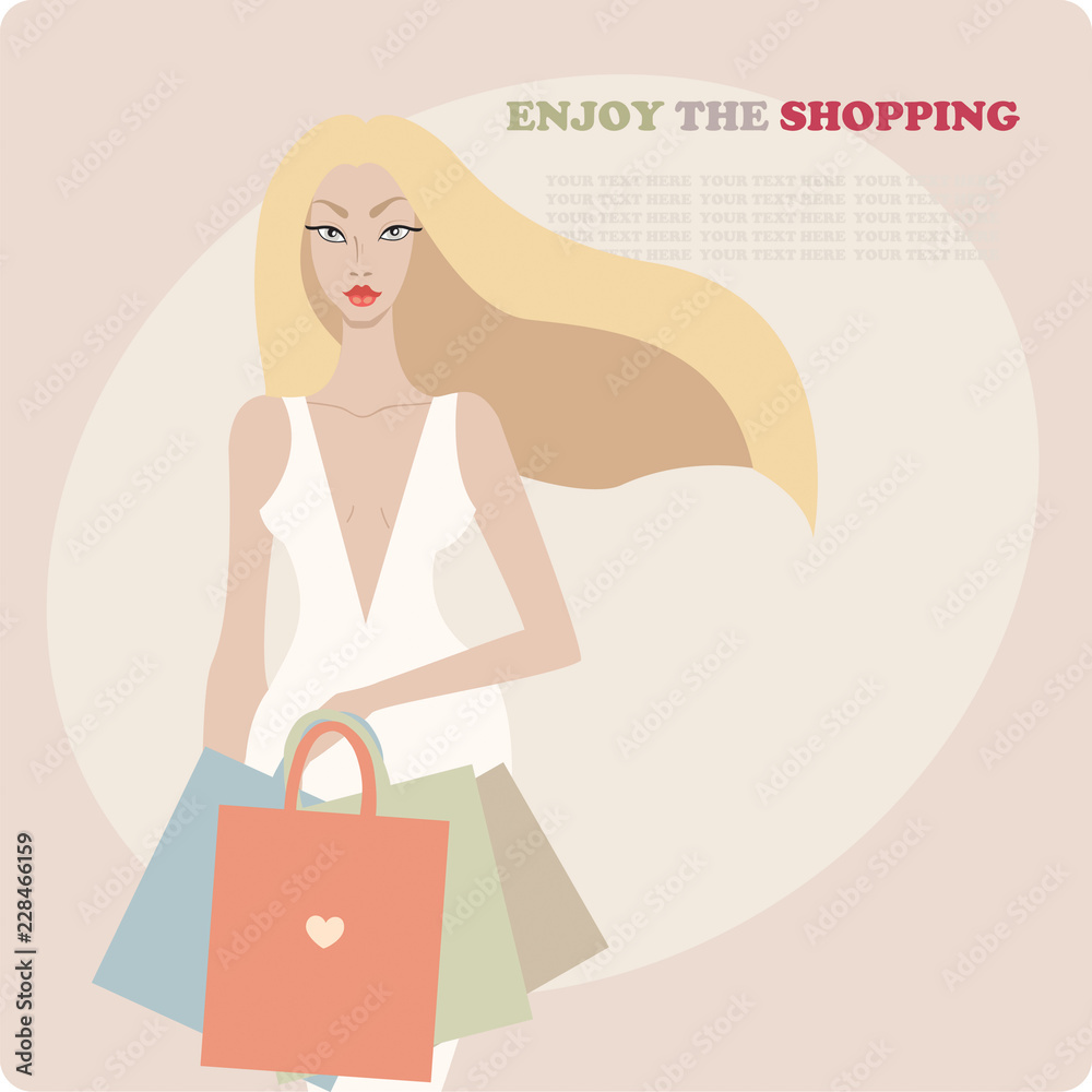 Young stylish beautiful woman wearing luxury dress and holding shopping bags. Fashion model vector illustration.Sale,perfect buys,boutique,shop. Young stylish beautiful woman wearing luxury dress and holding shopping bags. Fashion model vector illustration.Sale,perfect buys,boutique,shop.