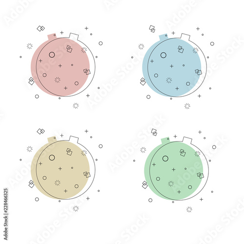 Set of trendy flat geometric vector background. Collection of christmas balls in retro design style. Vintage colors and shapes. Green, blue, rose and yellow colors.Vector Eps10.