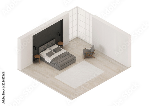 Bedroom interior. Modern classic. Orthogonal projection. View from above. 3D rendering.