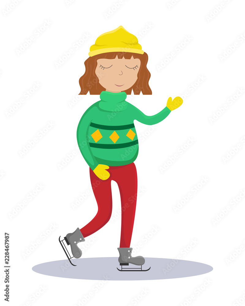 Girl in a sweater on skates. Flat winter vector illustration. Girl in a sweater on skates. Flat winter vector illustration.