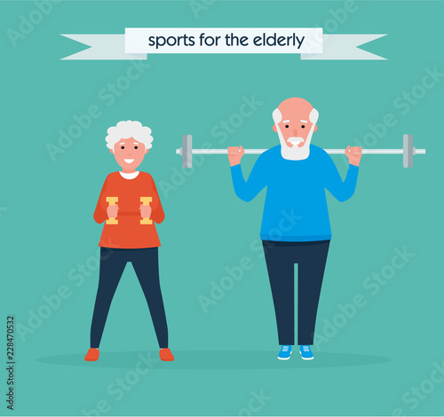 Active elderly couple engaged with dumbbells and barbell Healthy lifestyle. Flat funny cartoon illustration vector set. Active sport concept set.