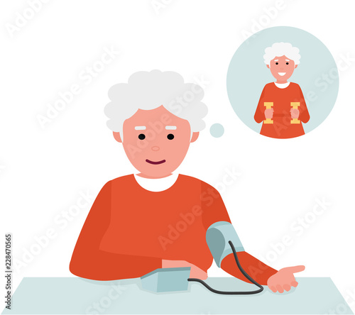 Senior Adult Measuring Blood Pressure. Healthy lifestyle. Flat funny cartoon illustration vector set. Active sport concept