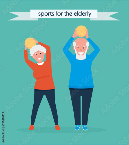 Elderly couple is engaged in sports. Vector illustration. Healthy lifestyle concept. Active sport concept. Cartoon flat style illustration