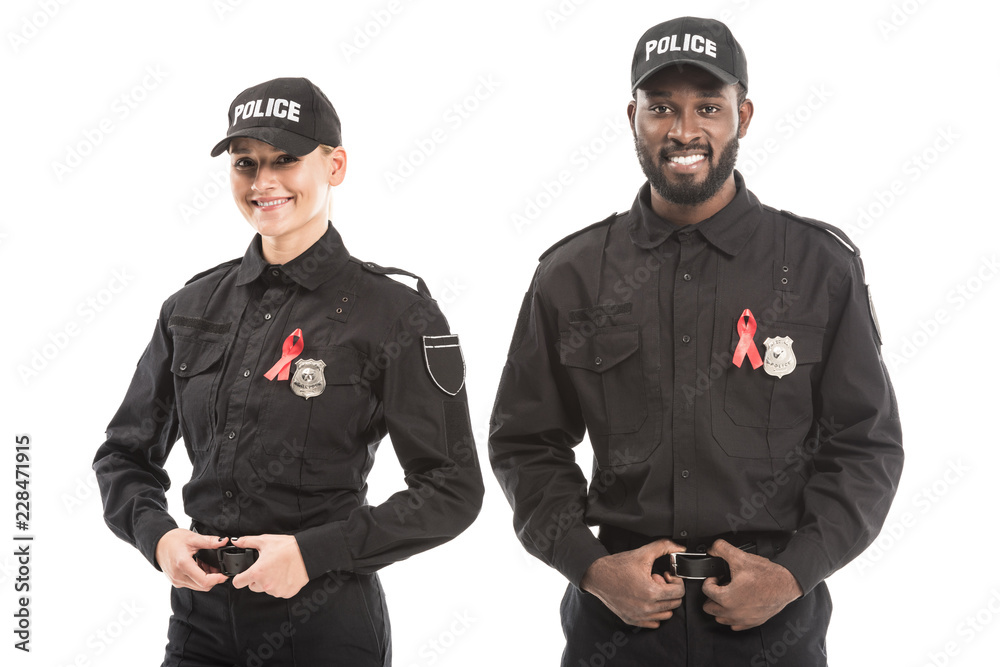 confident multiethnic police officers with aids awareness red ribbons  looking at camera isolated on white Stock Photo | Adobe Stock