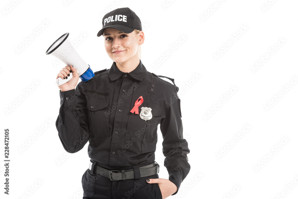 smiling female police officer with aids awareness red ribbon and megaphone isolated on white smiling female police officer with aids awareness red ribbon and megaphone isolated on white
