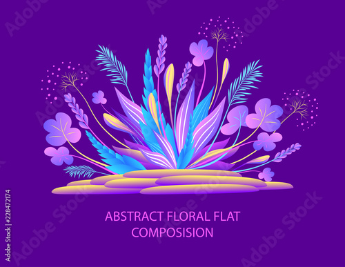 Abstract floral flat composition with plants and  stones in bright colors and night effect or  ikebana  for greeting  card or for wallpaper or for banner  flyer book covers or website 