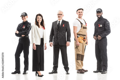 group of confident people with various professions and aids awareness red ribbons isolated on white