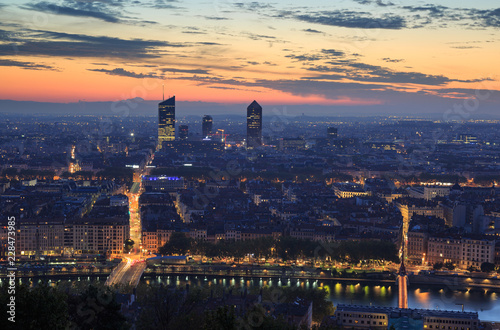 The French city of Lyon during a colourful dawn in autumn. Lyon, France.