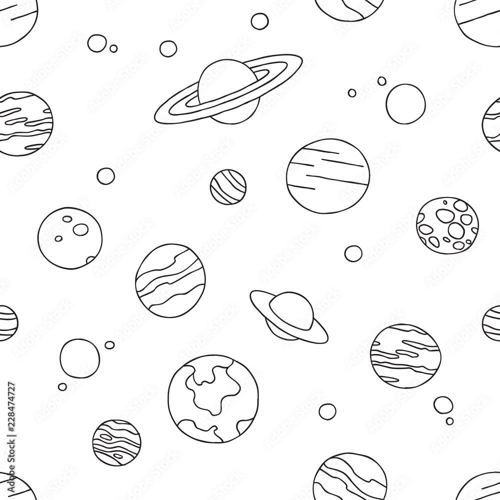 Black and White Cute Kids Seamless Pattern. Repetitive Texture with Hand  Drawn Space Objects. Vector Ink Doodle Baby Background. Cartoon Ornament  Stock Vector
