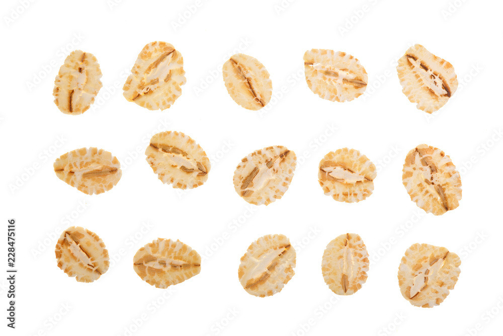 oat flakes isolated on white background. Top view. Set or collection oat flakes isolated on white background. Top view. Set or collection